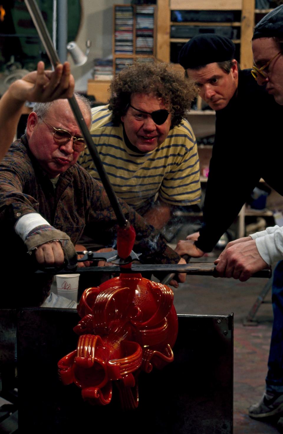 From left, Lino Tagliapietra, Dale Chihuly, Benjamin Moore and Robbie Miller work on the Venetian glass series in 1993.