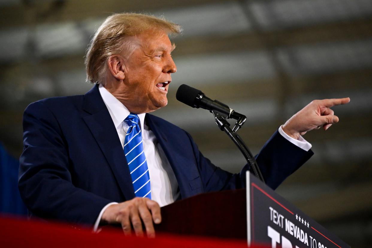 Republican presidential candidate and former U.S. President Donald Trump speaks during a campaign event at Big League Dreams Las Vegas on January 27, 2024 in Las Vegas, Nevada