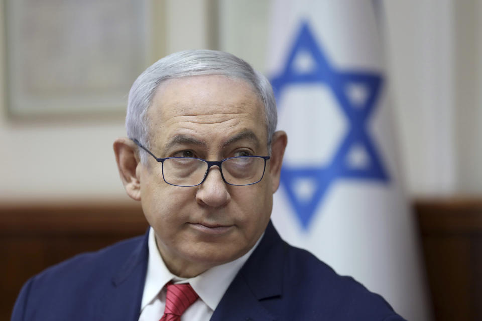 Israeli Prime Minister Benjamin Netanyahu attends the weekly cabinet meeting at his office in Jerusalem, Israel, Sunday, Sept. 8, 2019. (Abir Sultan/Pool Photo via AP)