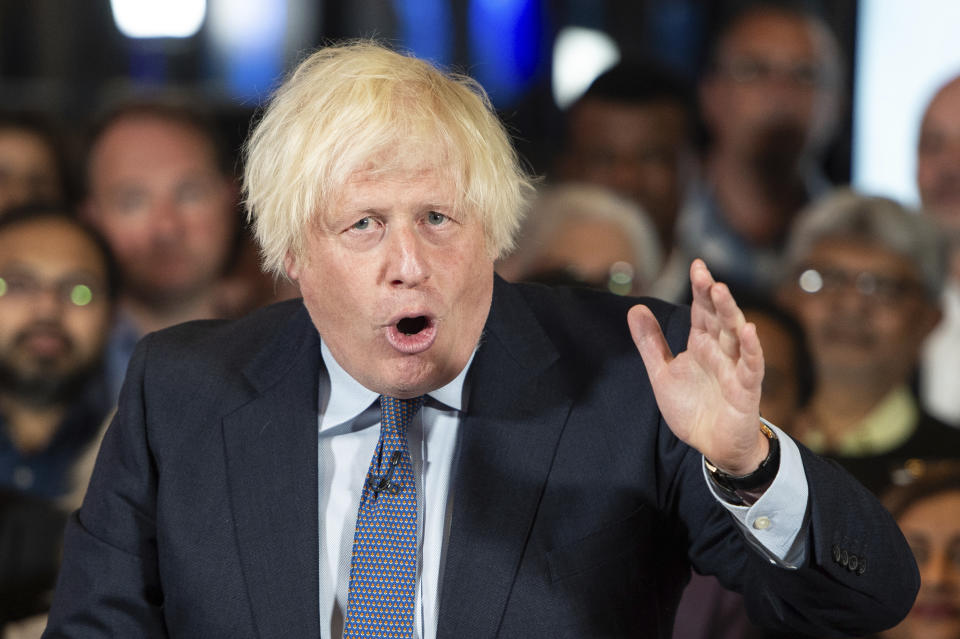 Former Prime Minister of the United Kingdom, Boris Johnson, delivers a speech at a Conservative Party campaign event at the National Army Museum in London., Tuesday, July 2, 2024. (AP Photo/Thomas Krych)