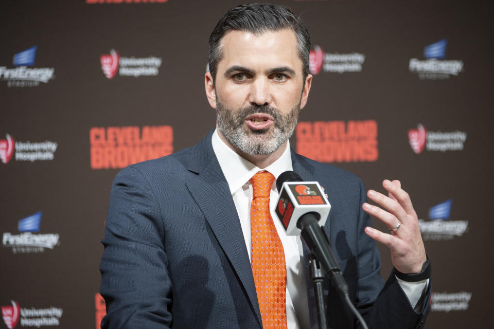 Cleveland Browns new NFL football head coach Kevin Stefanski answers a question during a news conference at FirstEnergy Stadium in Cleveland, Tuesday, Jan. 14, 2020. (AP Photo/Phil Long)
