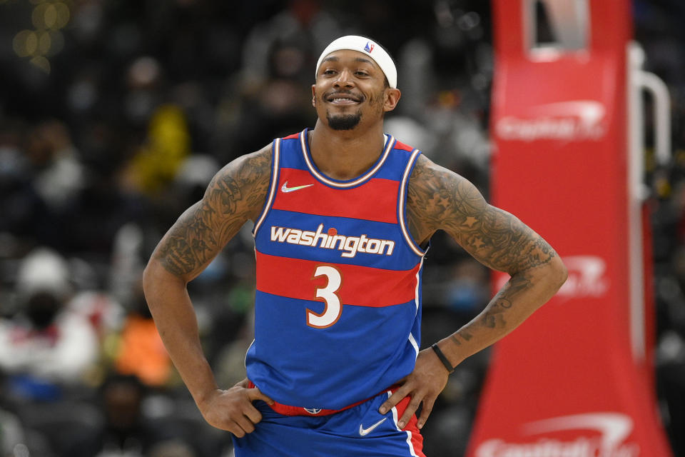 FILE - Washington Wizards guard Bradley Beal (3) looks on during the second half of an NBA basketball game against the Boston Celtics, Sunday, Jan. 23, 2022, in Washington. The NBA's free agency period opens Thursday night, June 30, 2022, with teams and players finally free to negotiate new deals. (AP Photo/Nick Wass, File)