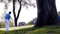 Rickie Fowler chips onto the 16th green during a practice round for the U.S. Open Championship golf tournament, Tuesday, Sept. 15, 2020, at the Winged Foot Golf Club in Mamaroneck, N.Y. (AP Photo/Charles Krupa)