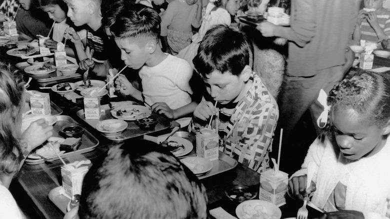 school cafeteria 1950s with milk cartons