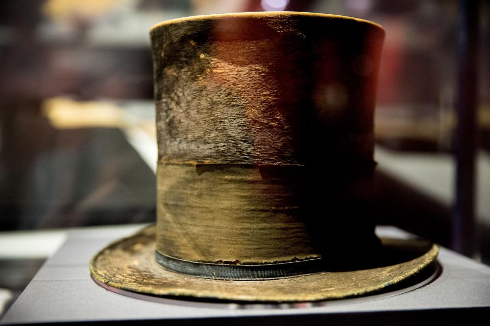 President Abraham Lincoln's top hat from the night of his assassination is displayed at the Ford's Center for Education and Leadership across the street from the historic Ford's Theatre where President Abraham Lincoln was killed, in Washington.