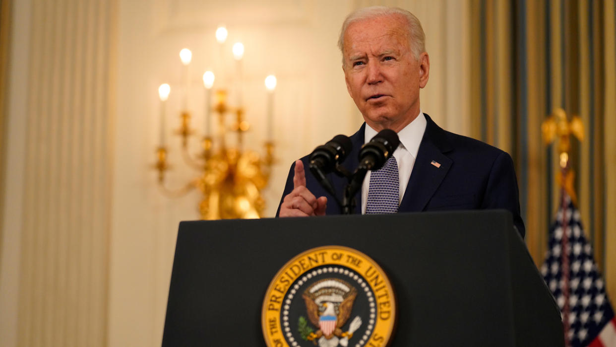 President Joe Biden speaks in the State Dining Room of the White House in Washington, D.C., U.S., on Friday, Sept. 3, 2021. (Ting Shen/Bloomberg via Getty Images)
