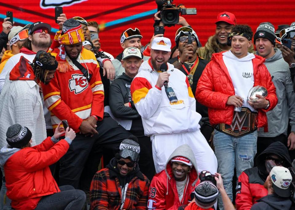 Kansas City Chiefs tight end Travis Kelce shouted to an excited crowd at the Super Bowl parade and rally last month. Kelce will host “Saturday Night Live” this weekend.