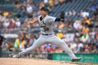 May 26, 2018; Pittsburgh, PA, USA; St. Louis Cardinals starting pitcher Jack Flaherty (32) pitches against the Pittsburgh Pirates during the second inning at PNC Park. Mandatory Credit: Charles LeClaire-USA TODAY Sports