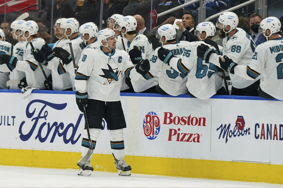 San Jose Sharks forward Logan Couture (39) celebrates his goal against the Toronto Maple Leafs during the second period of an NHL hockey game Friday, Oct. 22, 2021, in Toronto. (Evan Buhler/The Canadian Press via AP)