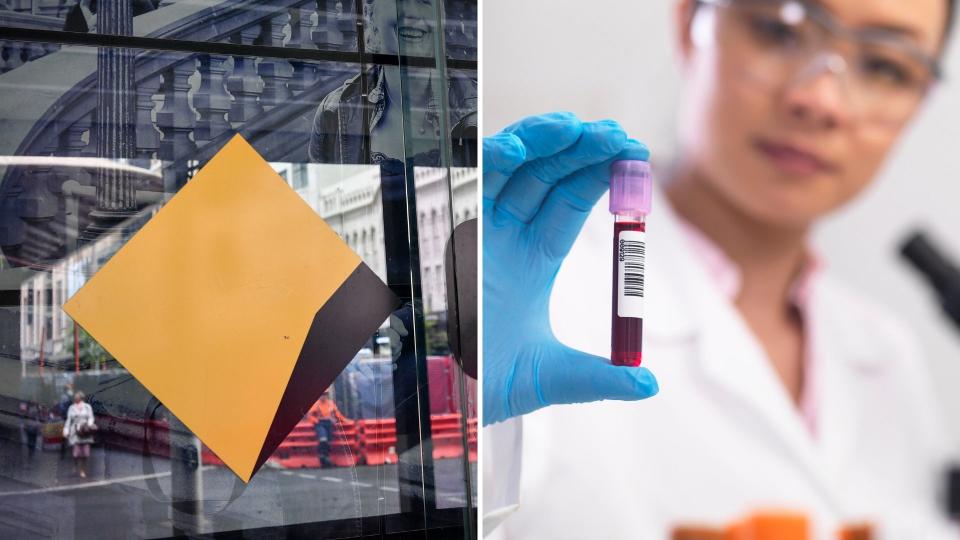 A Commonwealth Bank sign on the left, and a scientist holding a vial of blood on the right. (Images: AAP, Getty)