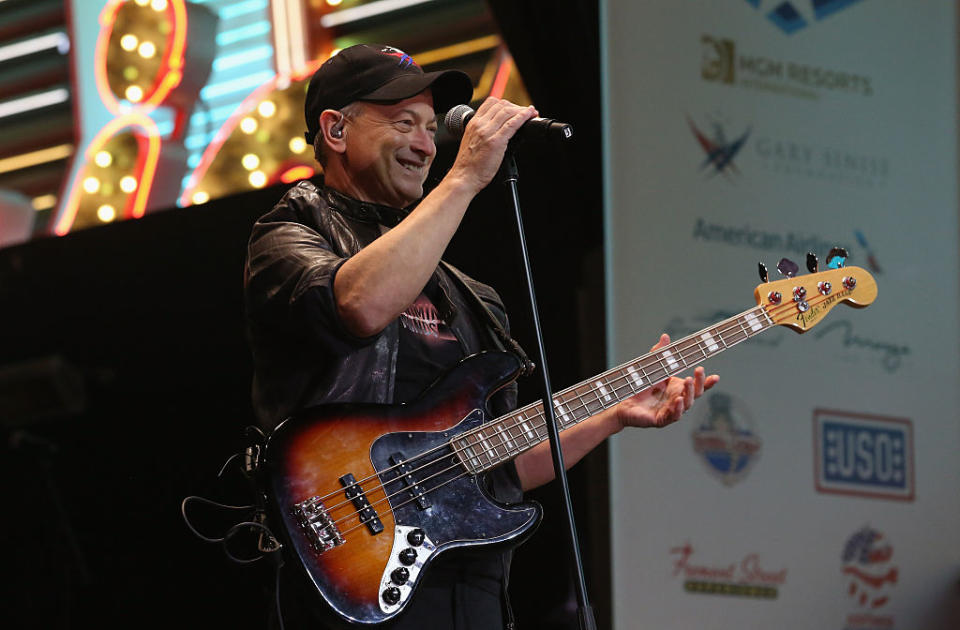 Gary Sinise performs with Gary Sinise & the Lt. Dan Band during the group’s Salute to the Troops Concert at the Fremont Street Experience on November 14, 2015 in Las Vegas, Nevada. (Photo by Gabe Ginsberg/Getty Images)