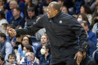 Georgetown head coach Patrick Ewing shouts during the first half of an NCAA college basketball game against Villanova, Saturday, Feb. 19, 2022, in Villanova, Pa. (AP Photo/Laurence Kesterson)