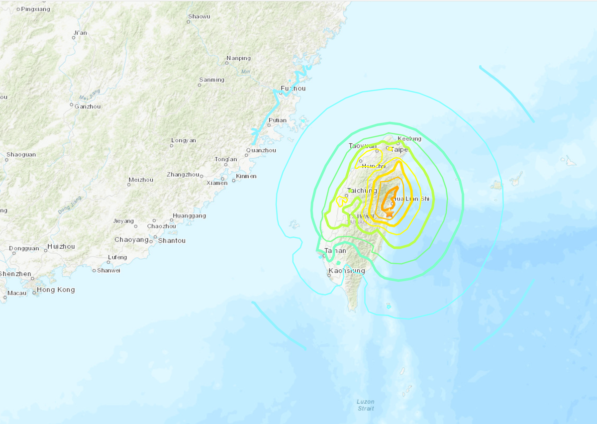 Map provided by the US Geological Survey shows how the earthquake was felt on mainland China, and strongly impacted the capital Taipei to the north of Taiwan island (USGS)