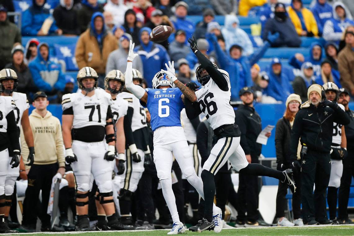 Vanderbilt’s BJ Anderson breaks up a pass intended for Kentucky’s Dane Key during Saturday’s game at Kroger Field. The UK freshman caught one pass for 29 yards.