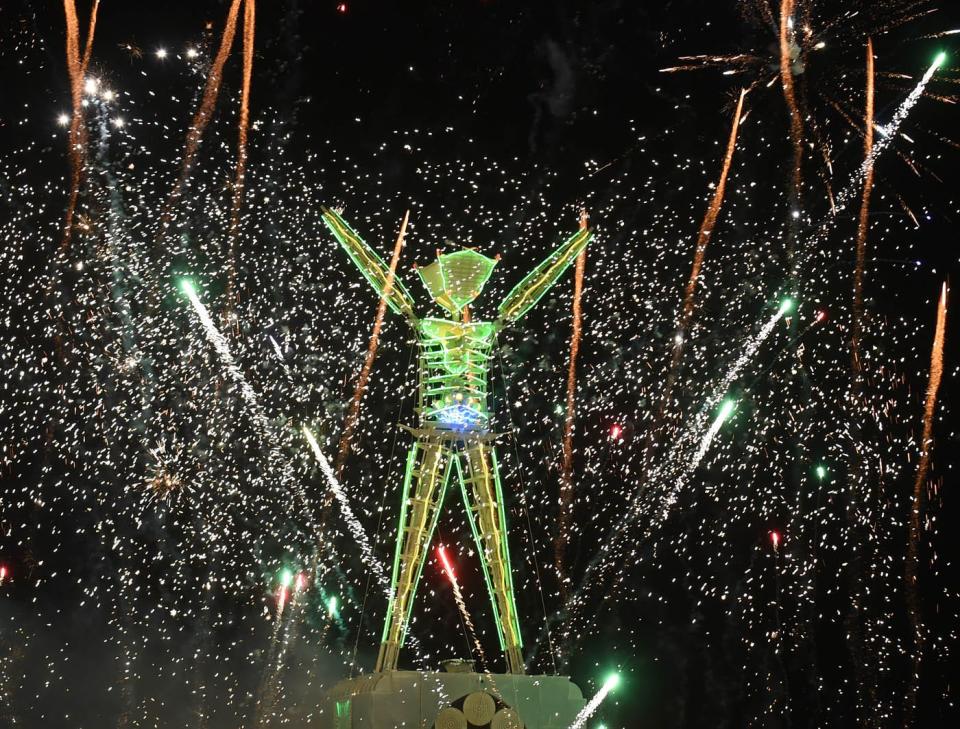 The man burns at Burning Man on Nevada's Back Rock Desert on Sept. 3, 2033