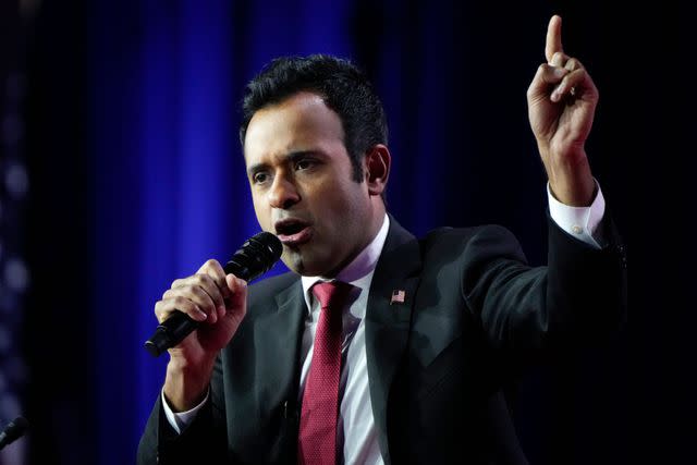 <p>Drew Angerer/Getty </p> Former Republican presidential candidate Vivek Ramaswamy speaks at the Faith and Freedom Road to Majority conference on June 23, 2023