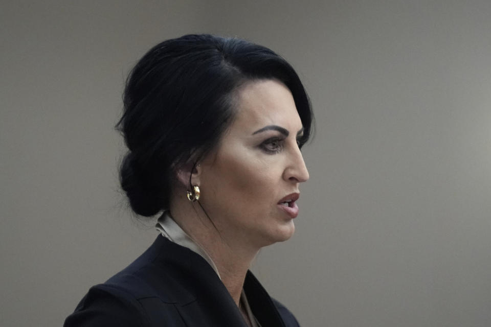 Defense attorney Skye Lazaro, left, talks during a preliminary hearing for Kouri Richins. Richins, a Utah mother of three, who wrote a children's book about coping with grief after her husband's death and was later accused of fatally poisoning him, Wednesday, May 15, 2024, in Park City, Utah. (AP Photo/Rick Bowmer, Pool)