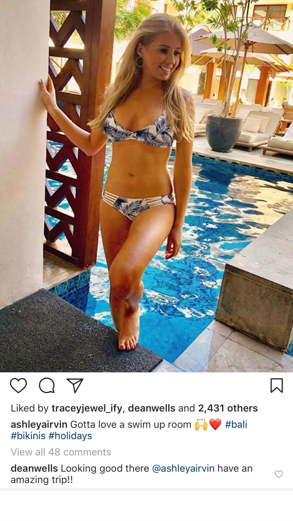 Dean Wells has been accused of “hitting on” Ashley Irvin on Instagram, where he was spotted giving her compliments. Source: Instagram/AshleyIrvine