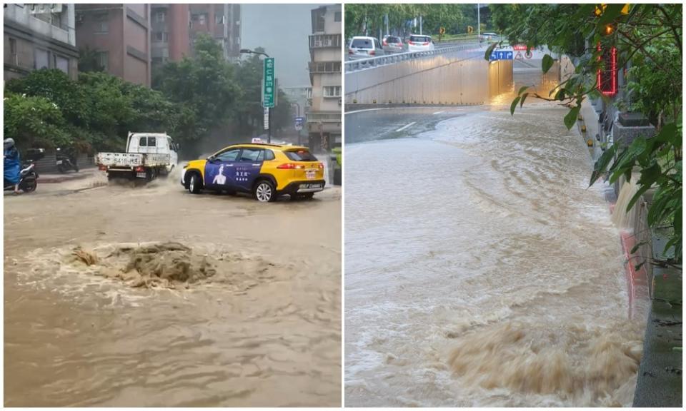 午後暴雨，北市信義區多處出積淹水情況。翻攝自「信義區三兩事」臉書社群