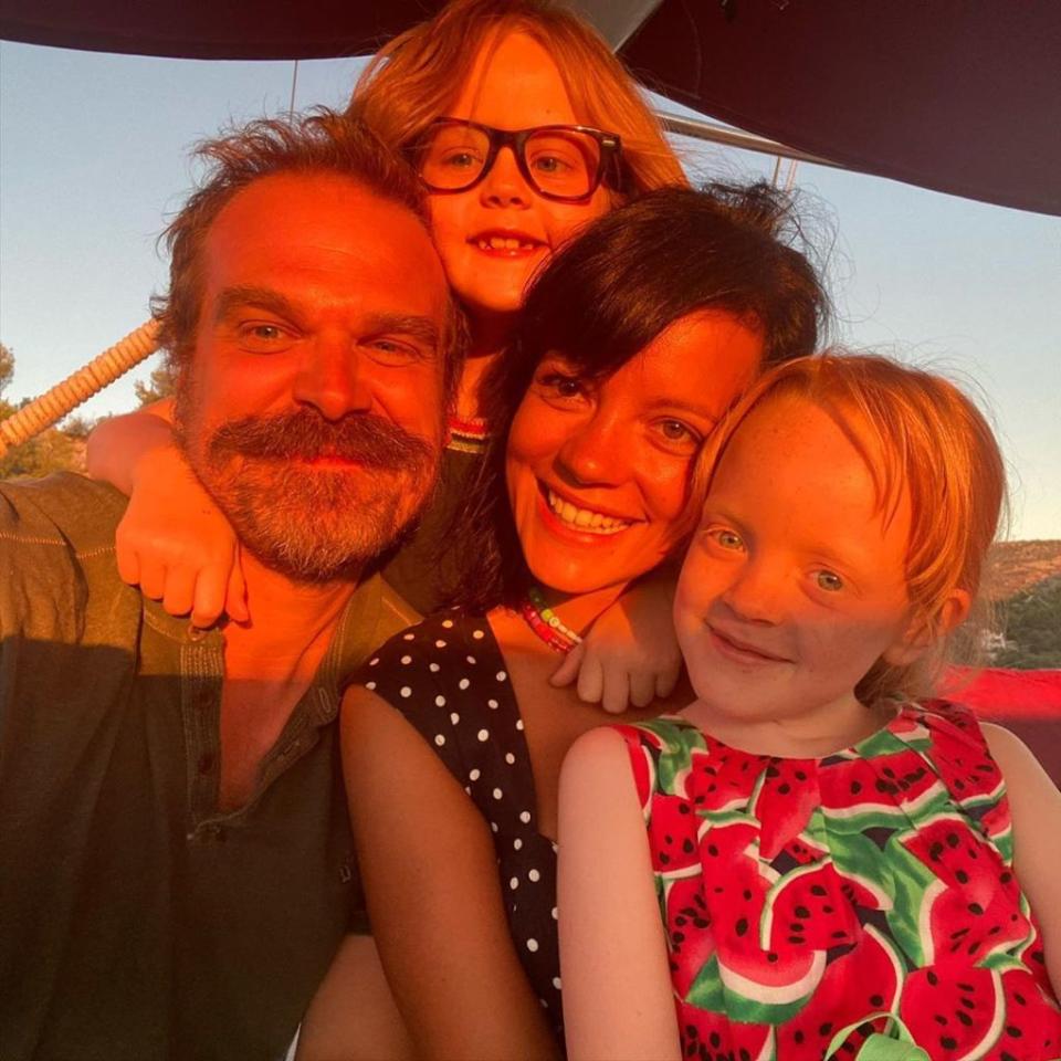 Lily Allen with her husband, David Harbour, and her two daughters. Instagram