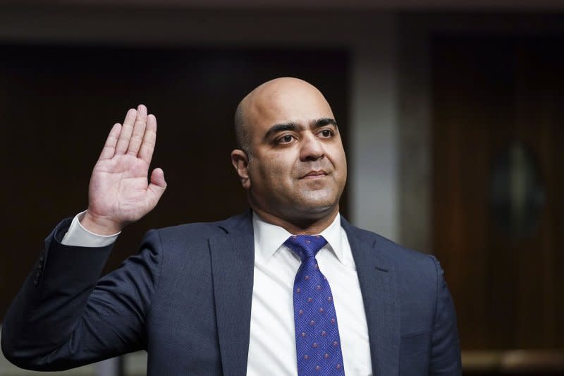 Zahid Quraishi, nominated by President Joe Biden to be a U.S. district judge for the District of New Jersey, is sworn in to testify before a Senate Judiciary Committee hearing on pending judicial nominations on Capitol Hill in Washington on April 28, 2021. File Pool Photo by Kevin Lamarque/UPI