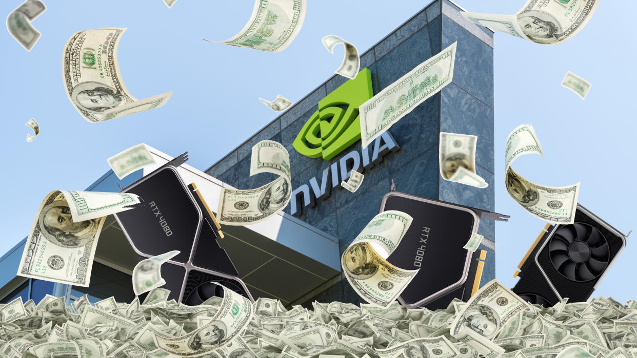  A very subtle image of money falling in front of Nvidia's HQ while GPUs pop out. 