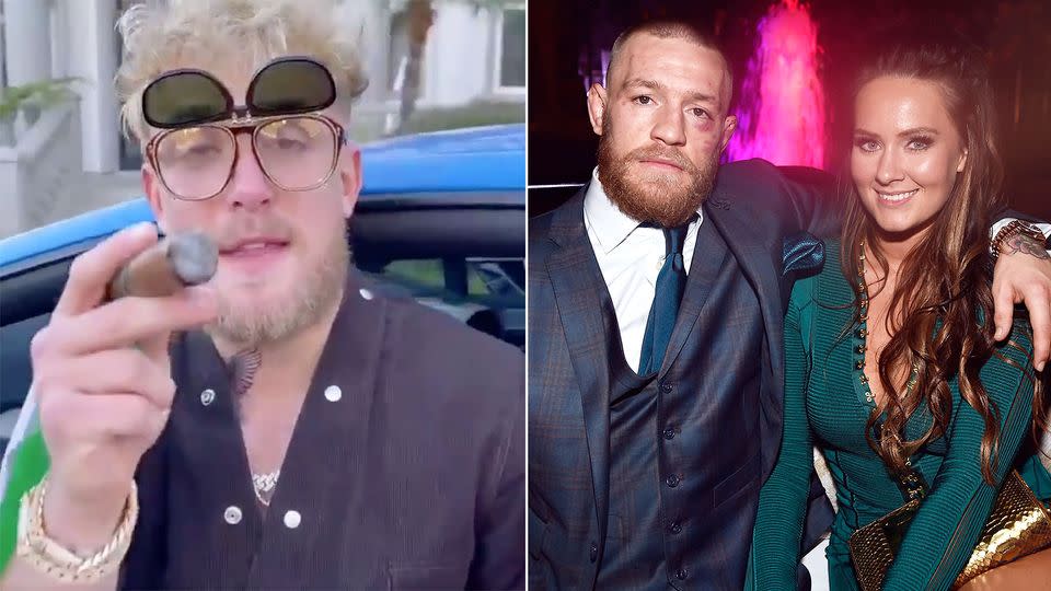 Seen here, Youtuber Jake Paul next to a photo of Conor McGregor with wife Dee Devlin.