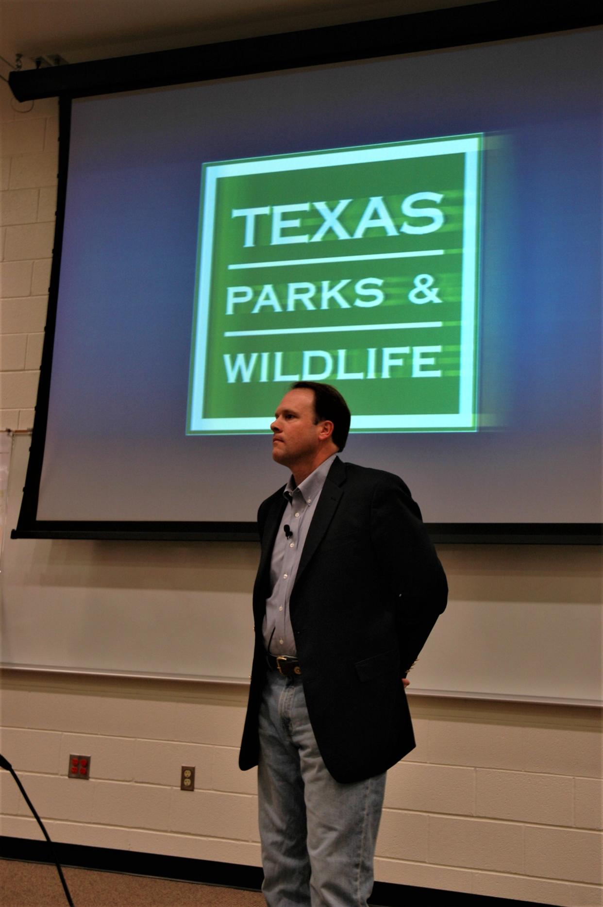 As the latest chapter gets written in TPWD's attempt to open a gun deer season in Grayson County, a public scoping meeting will be held from 7-9 p.m. on Wednesday at the Grayson College Center for Workplace Learning. Shown is TPWD executive director Carter Smith in a 2009 public meeting at Grayson College that brought forth a large crowd commenting on a similar proposal.