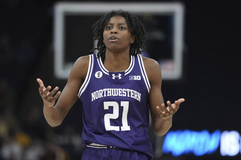 Northwestern guard Melannie Daley (21) gestures during the second half of an NCAA college basketball game against Purdue at the Big Ten women's tournament Wednesday, March 6, 2024, in Minneapolis. (AP Photo/Abbie Parr)