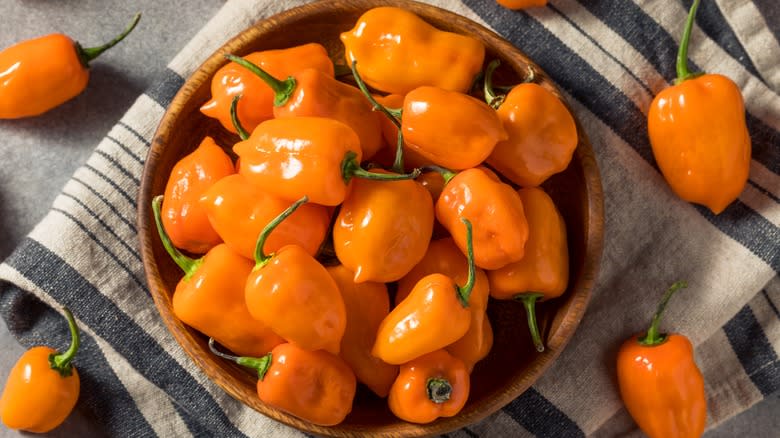 Habanero peppers in wooden bowl