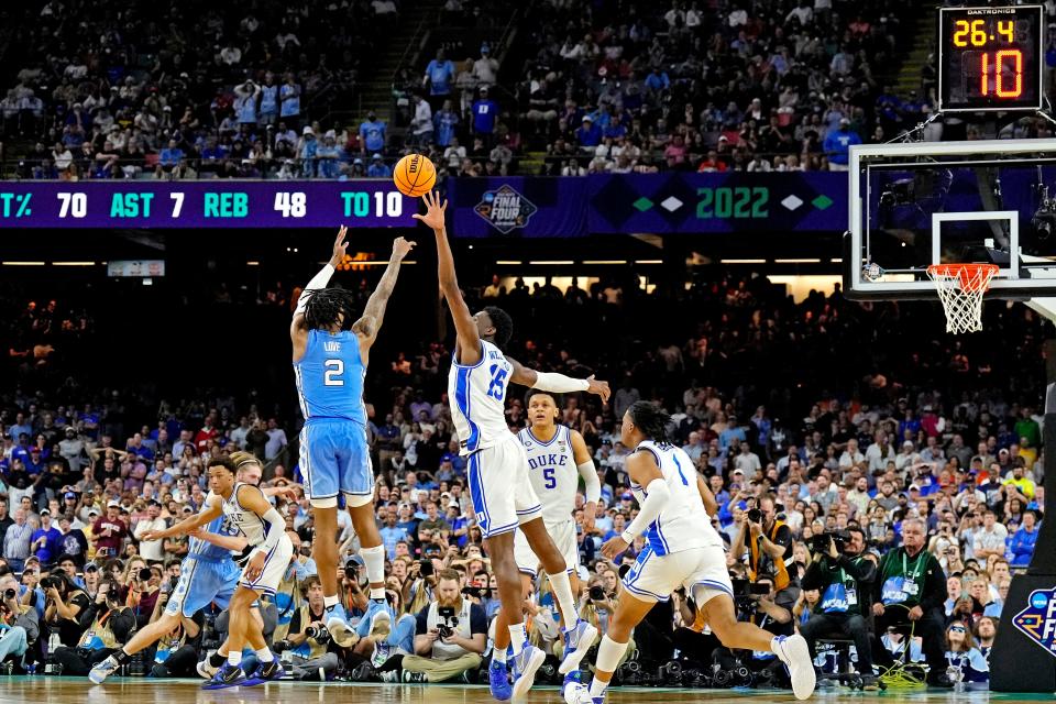 North Carolina guard Caleb Love shoots against Duke center Mark Williams.