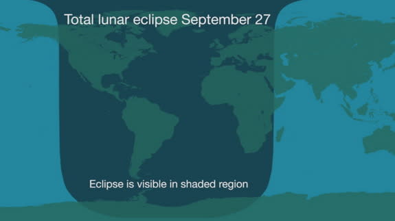 This graphic shows the areas of the Earth where viewers will see the lunar eclipse of Sept. 28, 2015, including much of North America, South America, Africa and Europe.