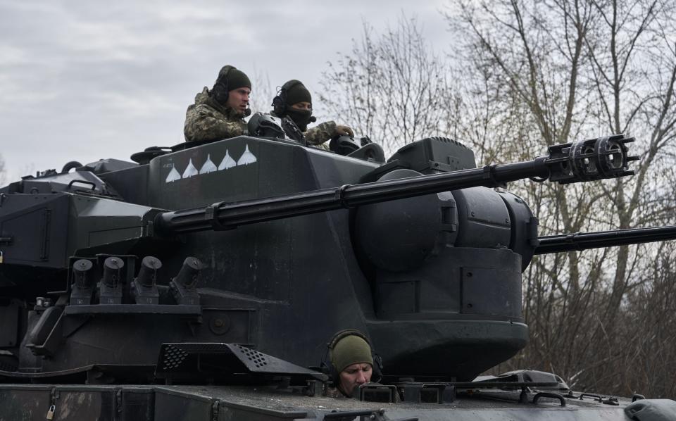 Ukrainian soldiers man a German Flakpanzer Gepard, self-propelled anti-aircraft gun