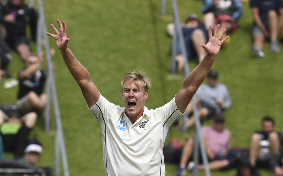 New Zealand's Kyle Jamieson fails with an appeal for the wicket of India's Rishabh Pant during the first cricket test between India and New Zealand at the Basin Reserve in Wellington, New Zealand, Friday, Feb. 21, 2020. (AP Photo/Ross Setford)