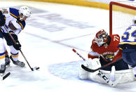 St. Louis Blues center Logan Brown (22) shoots and scores a goal against Florida Panthers goaltender Sergei Bobrovsky (72) during the first period of an NHL hockey game Saturday, Dec. 4, 2021, in Sunrise, Fla. (AP Photo/Jim Rassol)