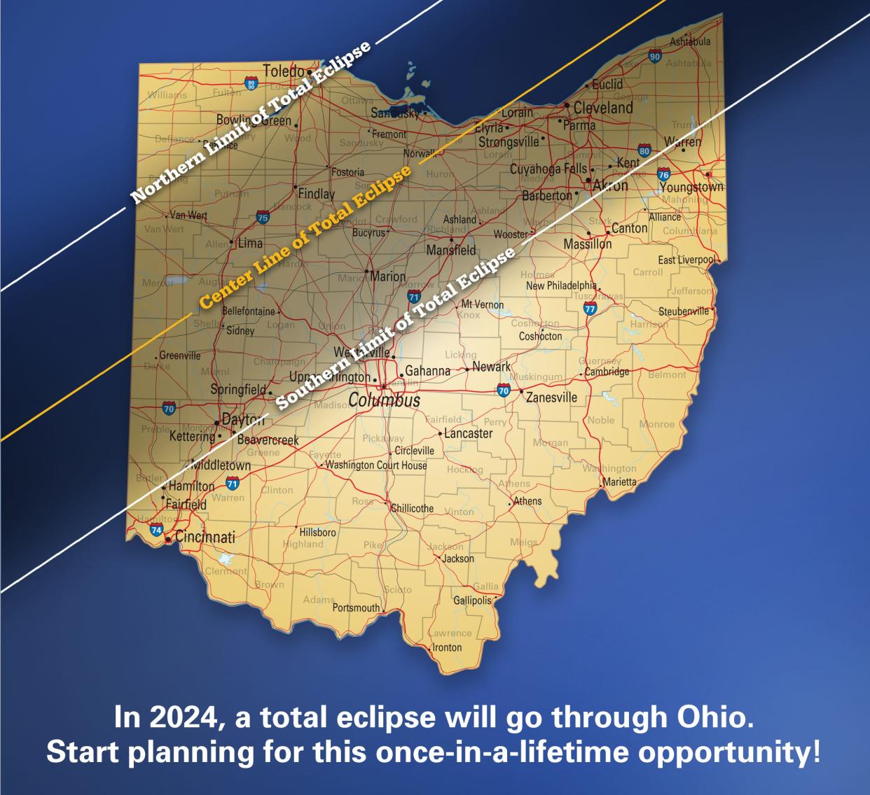 A map shows where totality can be experienced in Ohio during the April 8, 2024, solar eclipse.