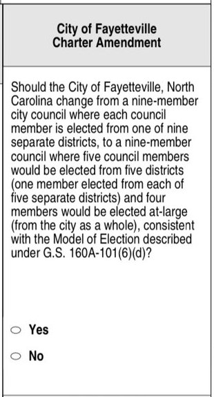 Text of the 'Say Yes Fayetteville' referendum as it appeared on sample ballots in early September 2022.