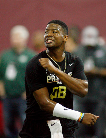 Jameis Winston reacts after completing a pass during pro day. (USA TODAY Sports)