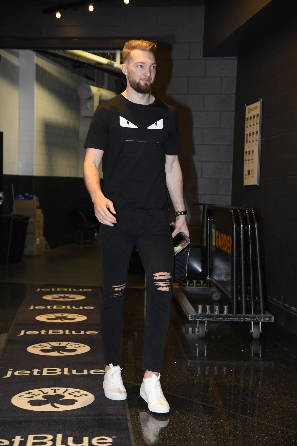 Domantas Sabonis wears a Fendi Monster-Motif t-shirt #11 of the Indiana Pacers arrives to the arena prior to Game One of Round One of the 2019 NBA Playoffs against the Boston Celticson April 14, 2019 at the TD Garden in Boston, Massachusetts. NOTE TO USER: User expressly acknowledges and agrees that, by downloading and or using this photograph, User is consenting to the terms and conditions of the Getty Images License Agreement. Mandatory Copyright Notice: Copyright 2019 NBAE (Photo by Brian Babineau/NBAE via Getty Images)