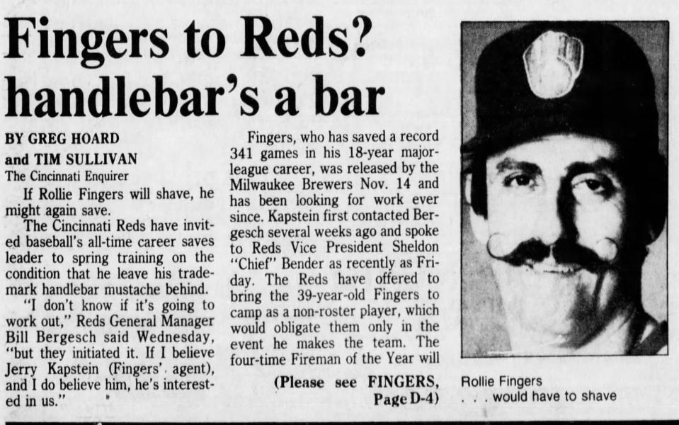 Feb. 6, 1986 Cincinnati Enquirer article about the Reds' interest in signing Rollie Fingers.