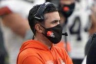 Cleveland Browns head coach Kevin Stefanski looks on from the sidelines during an NFL football game against the Pittsburgh Steelers, Sunday, Oct. 18, 2020, in Pittsburgh. Positive COVID-19 tests have knocked Stefanski out of Cleveland's wild-card game at Pittsburgh on Sunday night — the Browns' first playoff appearance since the 2002 season. (AP Photo/Justin Berl, File)