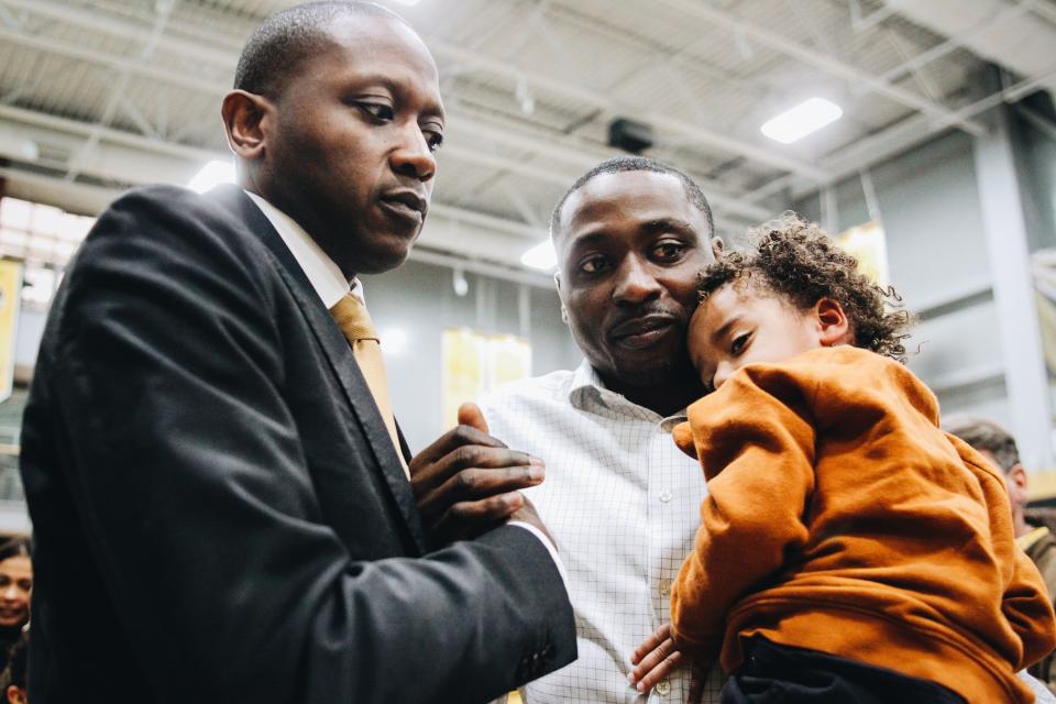 Dennis Gates spends a moment with his brother, Nebraska assistant coach Armon Gates, during Dennis' introduction as Missouri's next basketball coach last week at the Albrecht Family Practice Facility inside Mizzou Arena.