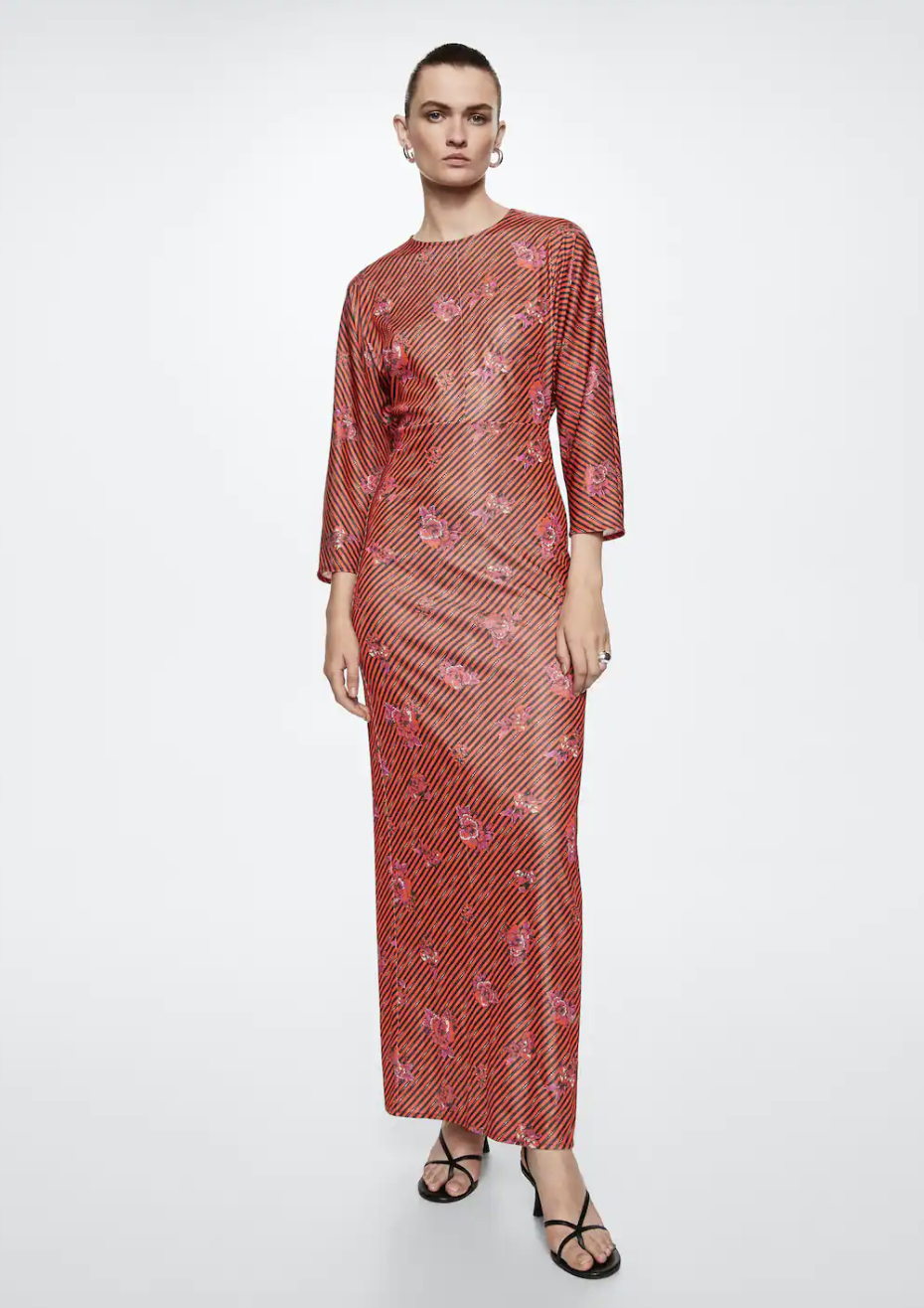 Embossed Flower Gown in red, pink and black stripes (photo via Mango)