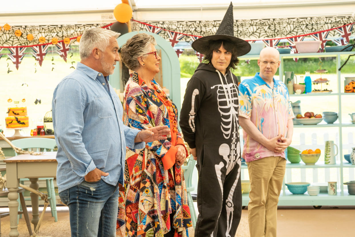 Paul Hollywood, Prue Leith, Matt Lucas & Noel Fielding in the tent for The Great British Bake Off 2022 Halloween week (Channel 4)