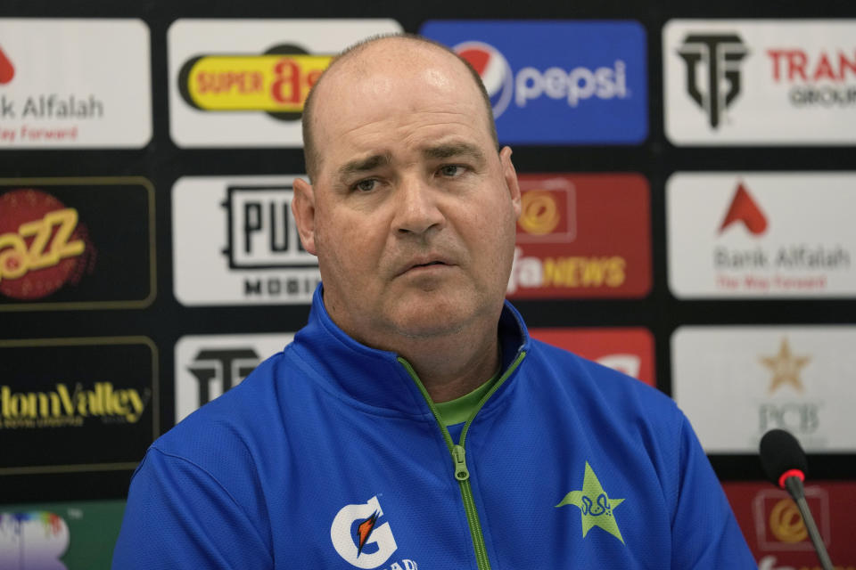 Newly appointed Pakistan cricket team's director Mickey Arthur listens to a reporter's question during a press conference, in Rawalpindi, Pakistan, Thursday, April 20, 2023. Arthur has been appointed as Pakistan cricket team's director and will be part of national team's coaching staff for this year's World Cup. (AP Photo/Anjum Naveed)