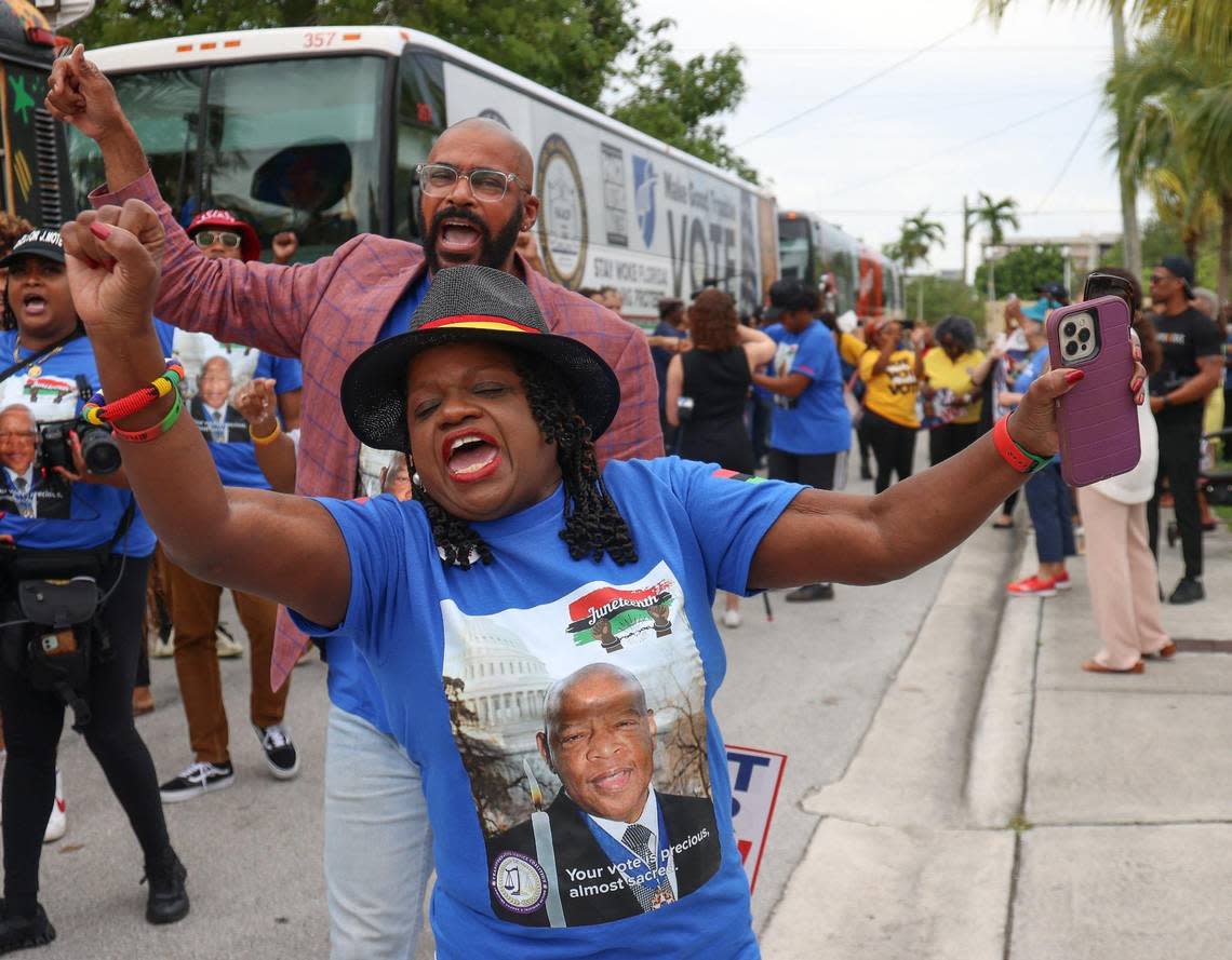 Barbara Arnwine, president of Transformative Justice Coalition, a Washington, D.C-based organization, leads fellow activists in a chant as they arrive at Mt. Olive Missionary Baptist Church on Thursday, June 22, 2023.