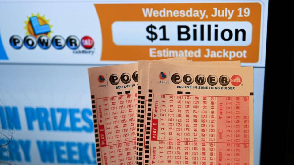 PHOTO: Powerball Lottery tickets are seen at a store as the Powerball jackpot grand prize grew to $1 billion after no ticket got all six numbers, July 18, 2023, in San Mateo, Calif. (Tayfun Coskun/Anadolu Agency via Getty Images)