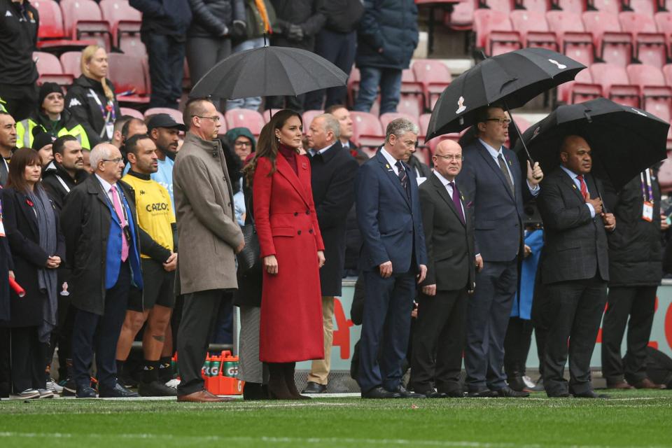 Mandatory Credit: Photo by Paul Currie/Shutterstock (13608439d) Catherine, Princess of Wales Duchess of Cambridge before the start of the match England v Papua New Guinea, Rugby League World Cup 2021, Quarter Final, Rugby League, DW Stadium, Wigan, UK - 05 Nov 2022