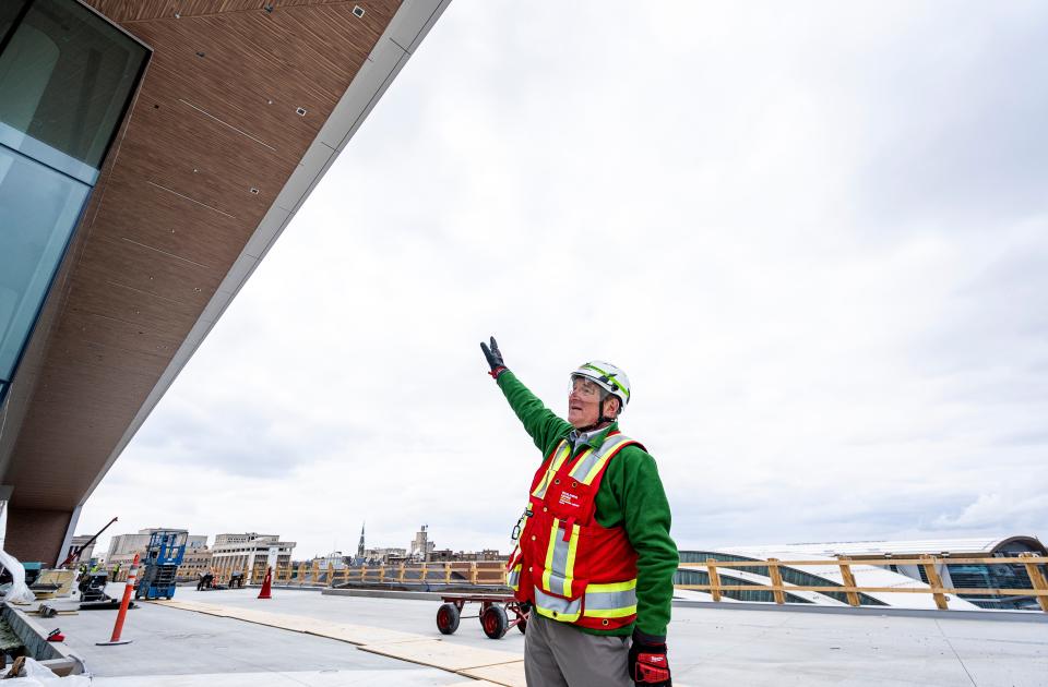 Marty Brooks, Wisconsin Center District President and Chief Executive Officer, showcases the overhanging roof in the Baird Sky View Terrace on Tuesday February 13, 2024 at in Milwaukee, Wis.