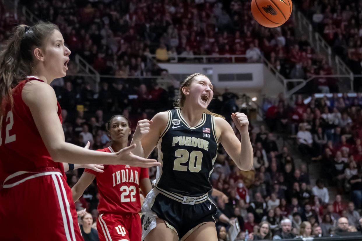 Purdue Boilermakers forward Mary Ashley Stevenson (20) celebrates a tough basket during the NCAA women’s basketball game against the Indiana Hoosiers, Sunday Jan. 21, 2024, at Mackey Arena in West Lafayette, Ind. Indiana won 74-68.
